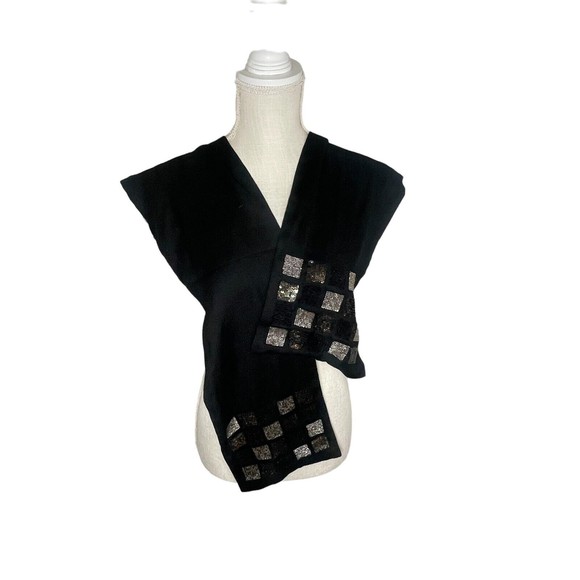 Franco Ferrari Silk Rectangle Black Scarf Stretch Beads Size 192x50  75x195